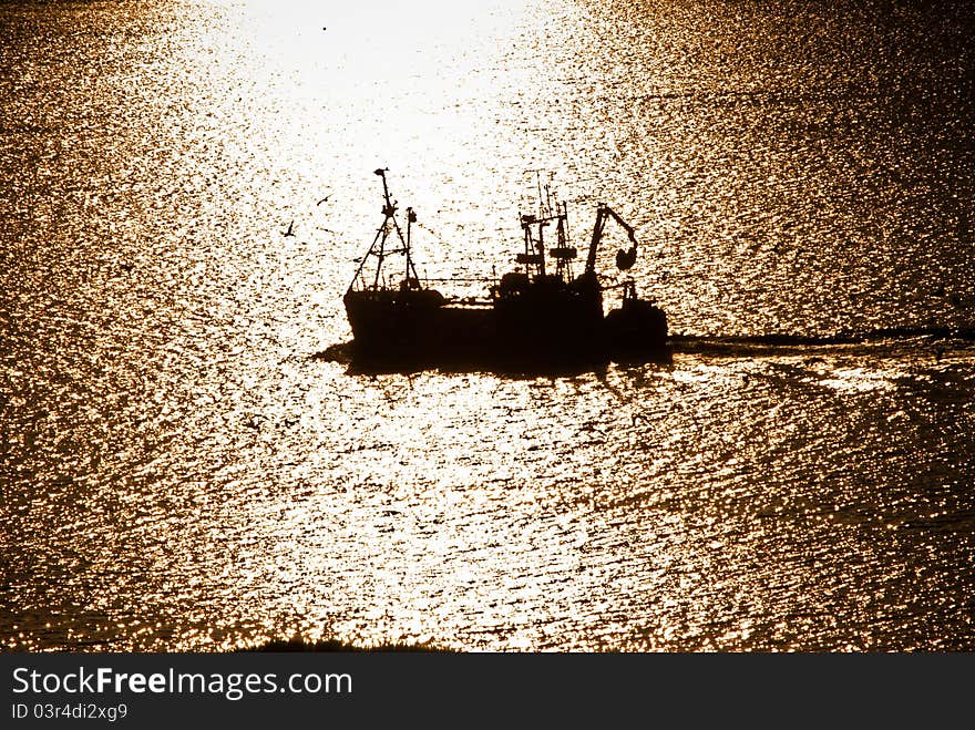 Working fishing boat sailing home surrounded by sea gulls in the sunset. Working fishing boat sailing home surrounded by sea gulls in the sunset