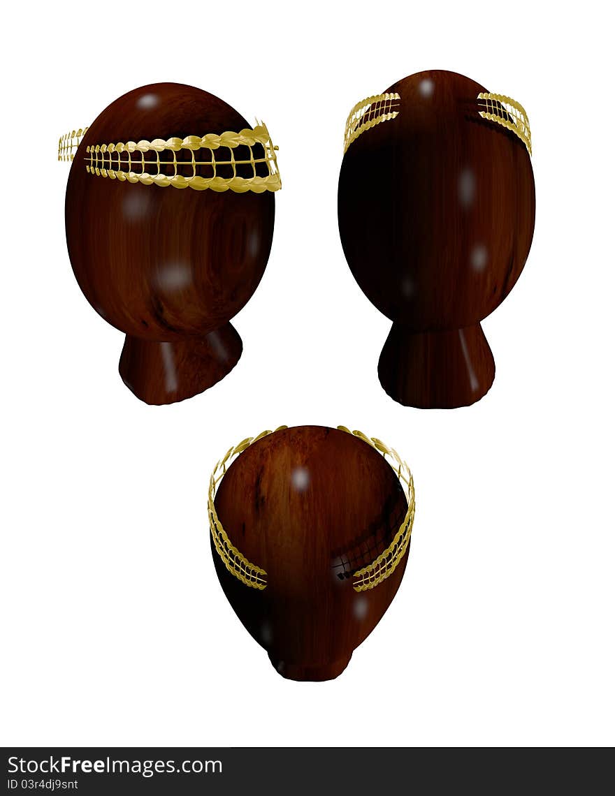 Three views (side, front, top) of a wooden head with a laurel wreath. Isolatd on white background. Three views (side, front, top) of a wooden head with a laurel wreath. Isolatd on white background.