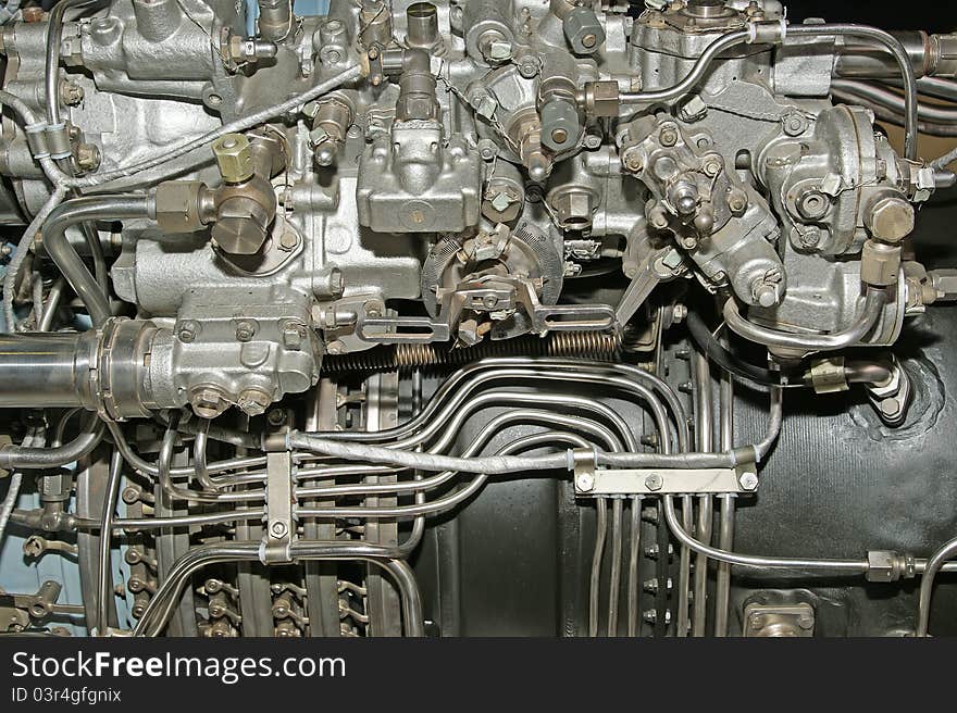 Large jet engine detail viewed from below