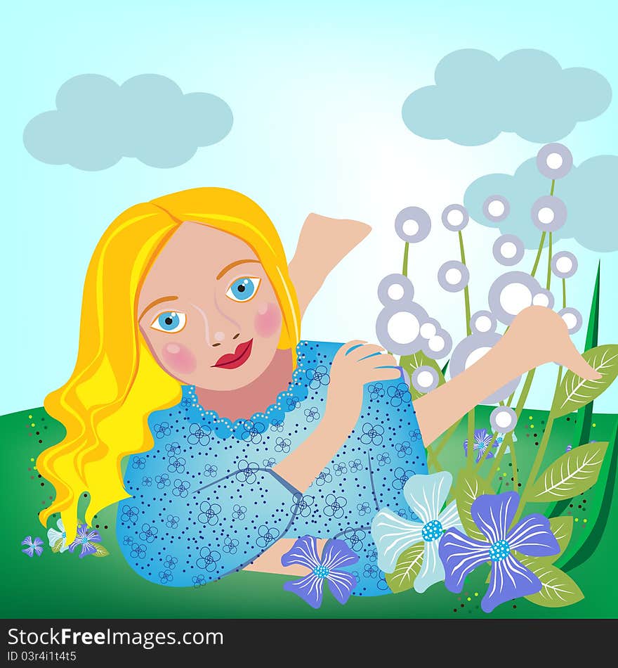 Little girl in grass and flowers landscape