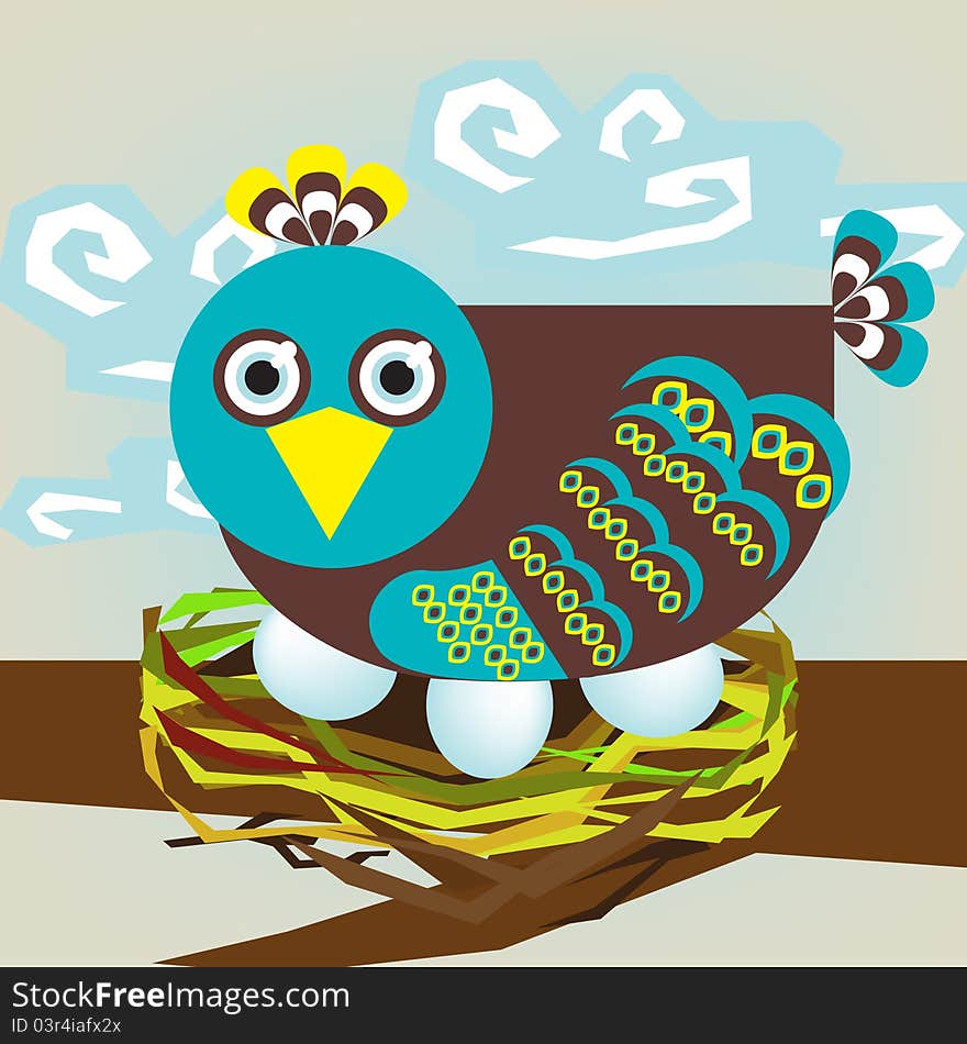 Colorful cute bird on nest with eggs