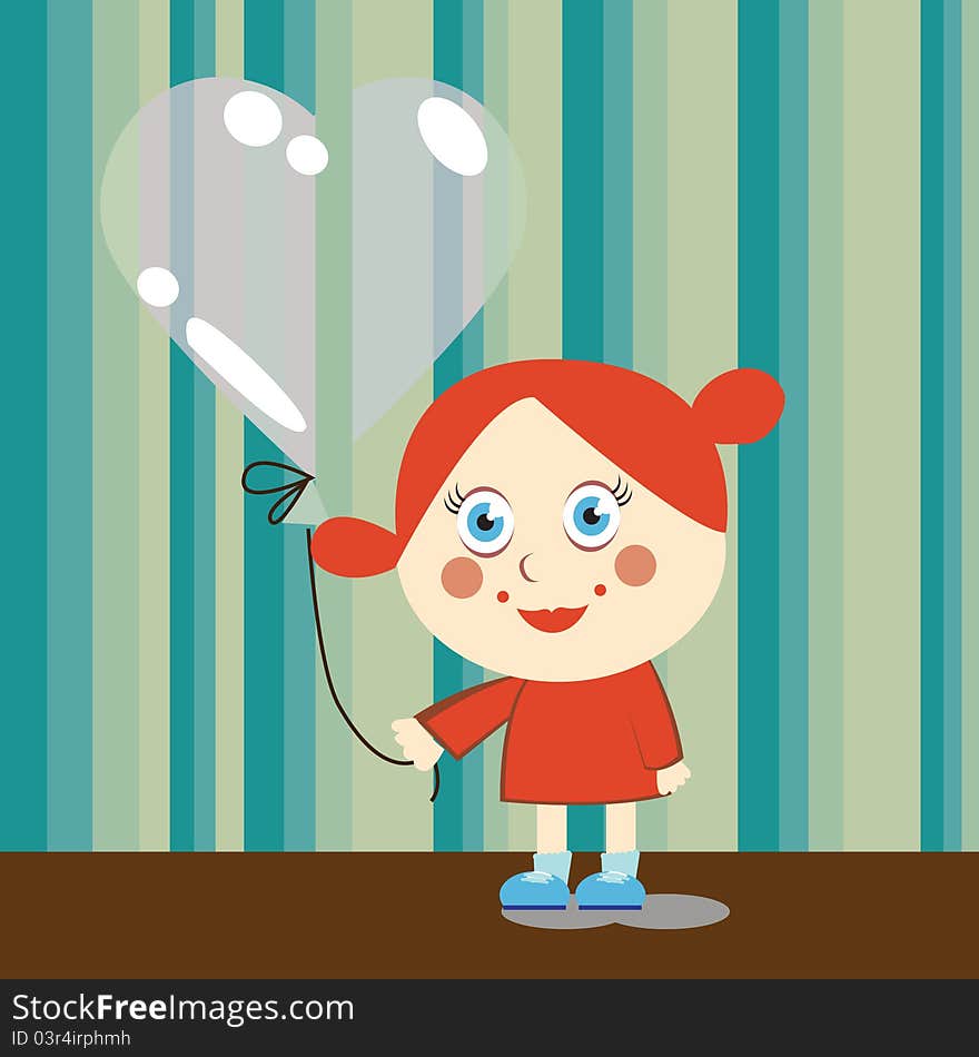 Little girl playing with balloon over striped background. Little girl playing with balloon over striped background