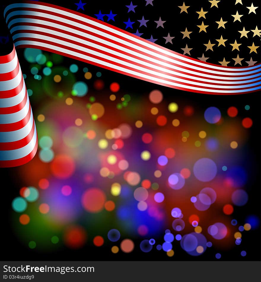 Illustration of background with festive illumination, flag and stars. Illustration of background with festive illumination, flag and stars.