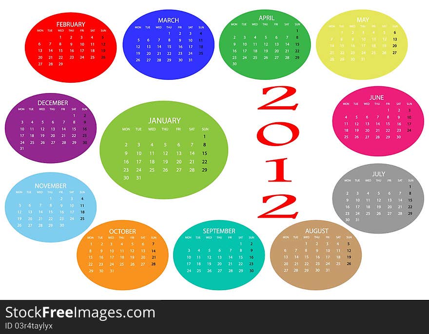 2012 Calendar of colors on a white background