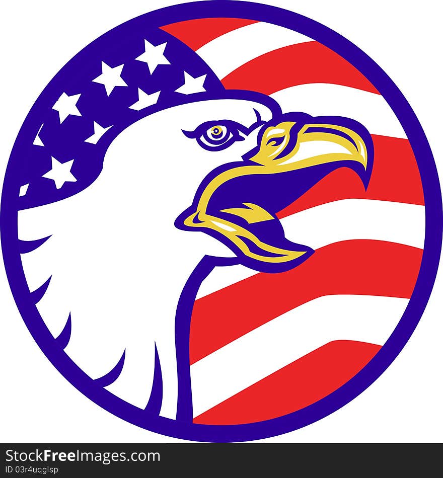 Illustration of an American Bald eagle screaming with United States stars and stripe flag set inside circle. Illustration of an American Bald eagle screaming with United States stars and stripe flag set inside circle