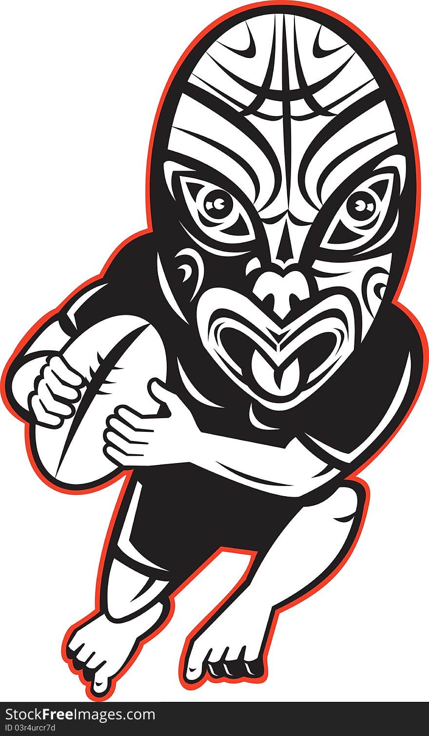 Cartoon illustration of a Rugby player running wearing Maori mask wearing black on isolated white background