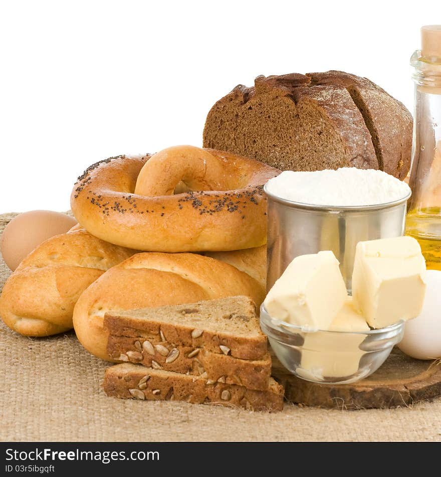 Set of bakery products on sack burlap background