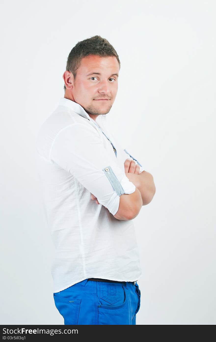 Portrait of happy smiling man, on white