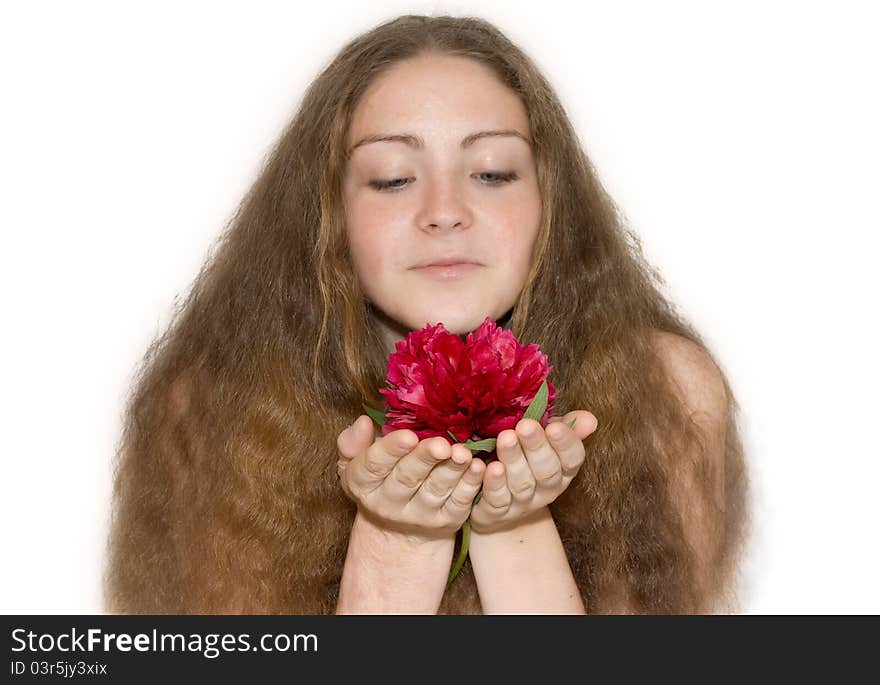 Beautiful girl with a pion in the hands isolated on white background. Beautiful girl with a pion in the hands isolated on white background.