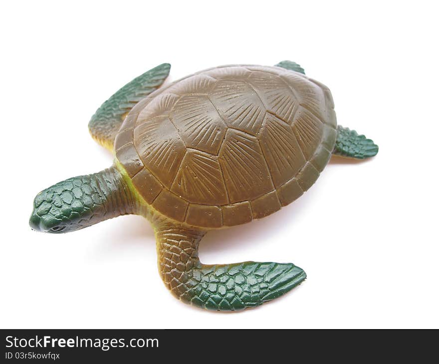 A plastic toy turtle on white background.