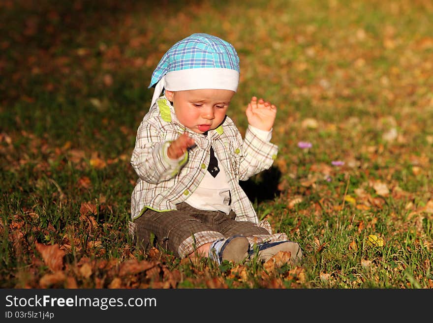 Baby boys sitting on yellow leaves in autumn park. Baby boys sitting on yellow leaves in autumn park.