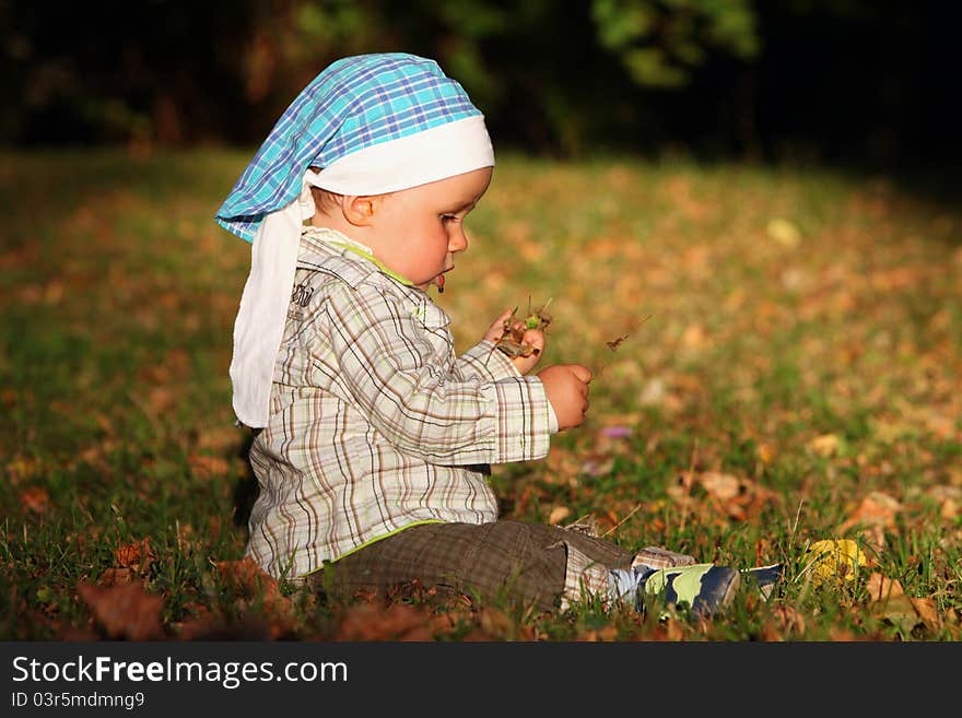 Baby Boys Sitting  In Autumn Park.