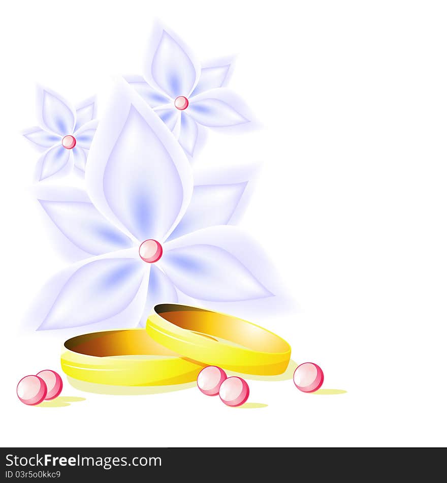 Delicate wedding background with blue flowers and wedding rings