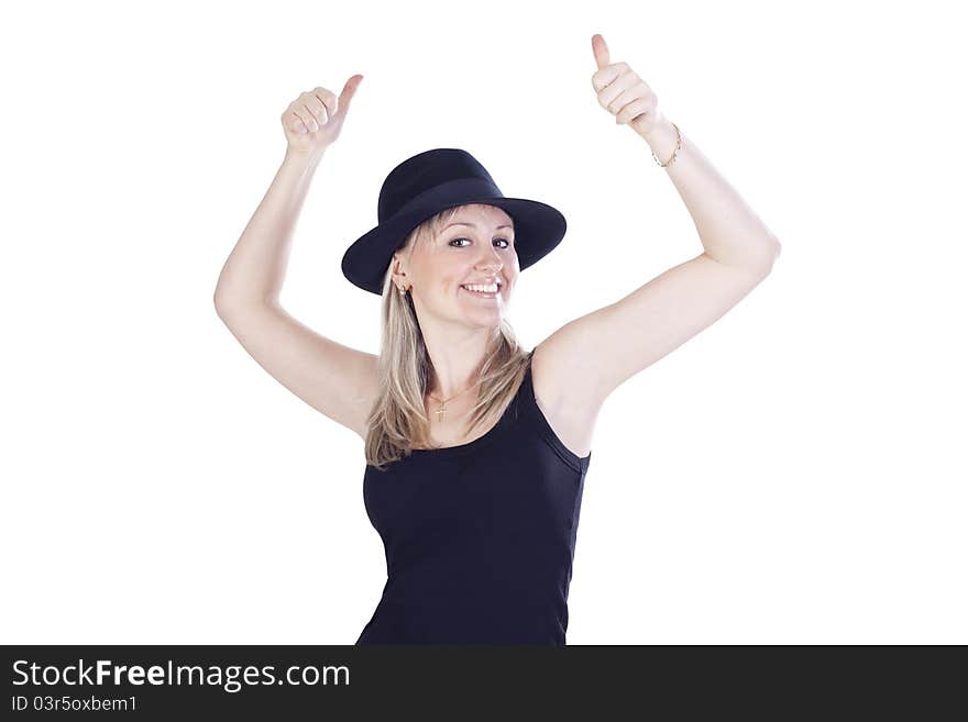 Young beautiful woman in hat showing hands ok sign. Young beautiful woman in hat showing hands ok sign