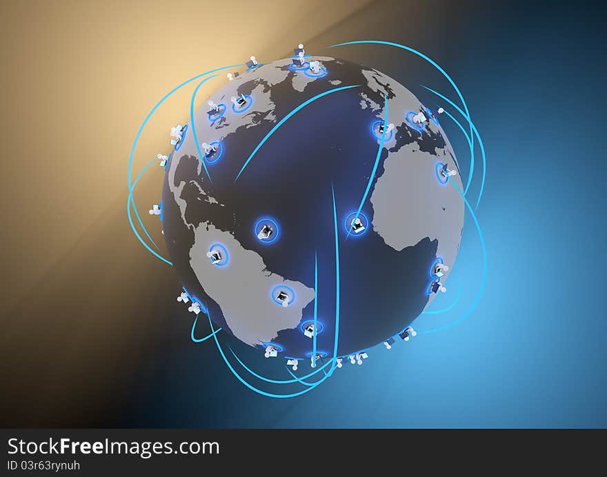 Render of several people connected to each other around the world. Render of several people connected to each other around the world