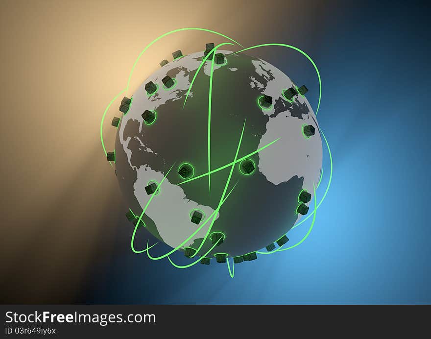 Render of a high-tech network of connected cubes. Render of a high-tech network of connected cubes