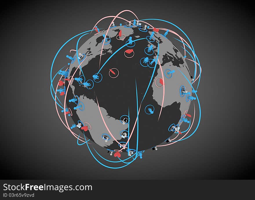 Render of a global network of hearts and people. Render of a global network of hearts and people