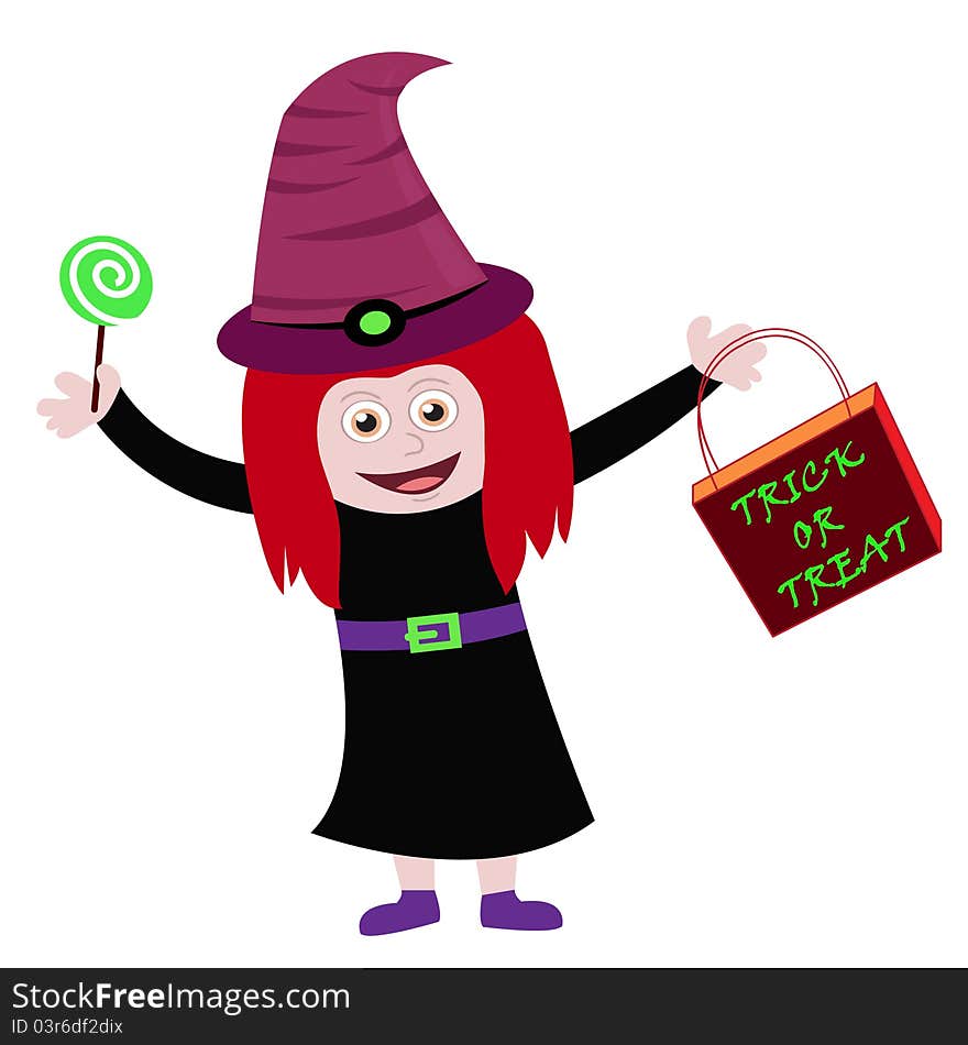 Girl dressed up in a halloween witch costume holding a lollipop and a trick or treat bag. Girl dressed up in a halloween witch costume holding a lollipop and a trick or treat bag.