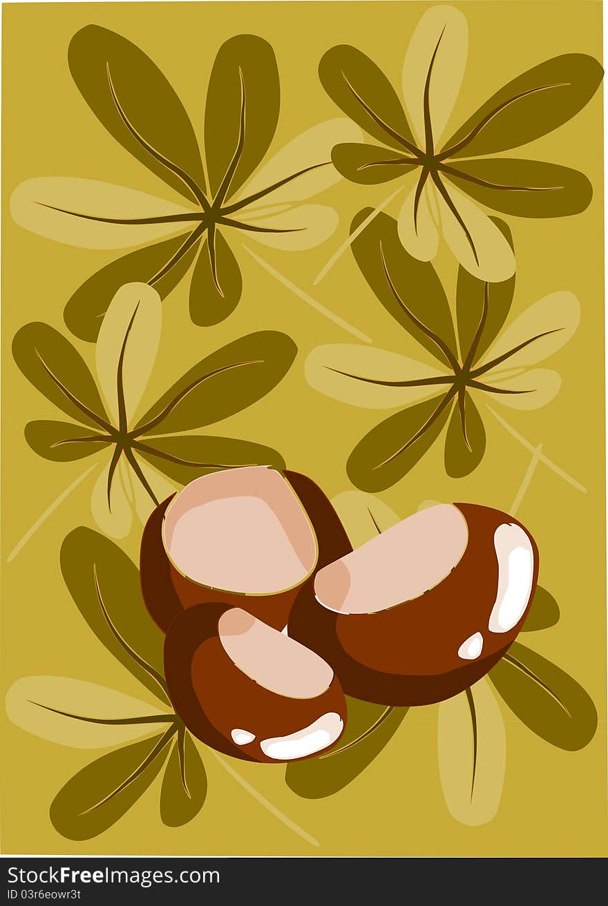 Brown chestnut and leafs autumn background - . Brown chestnut and leafs autumn background -