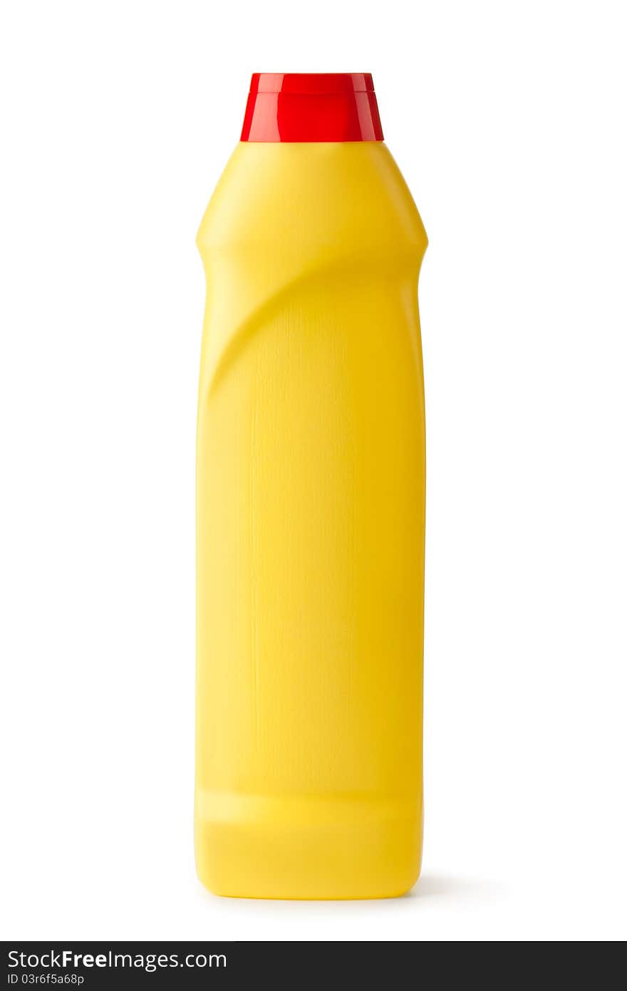 Plastic bottle with cleaning liquid. Placed on white background.