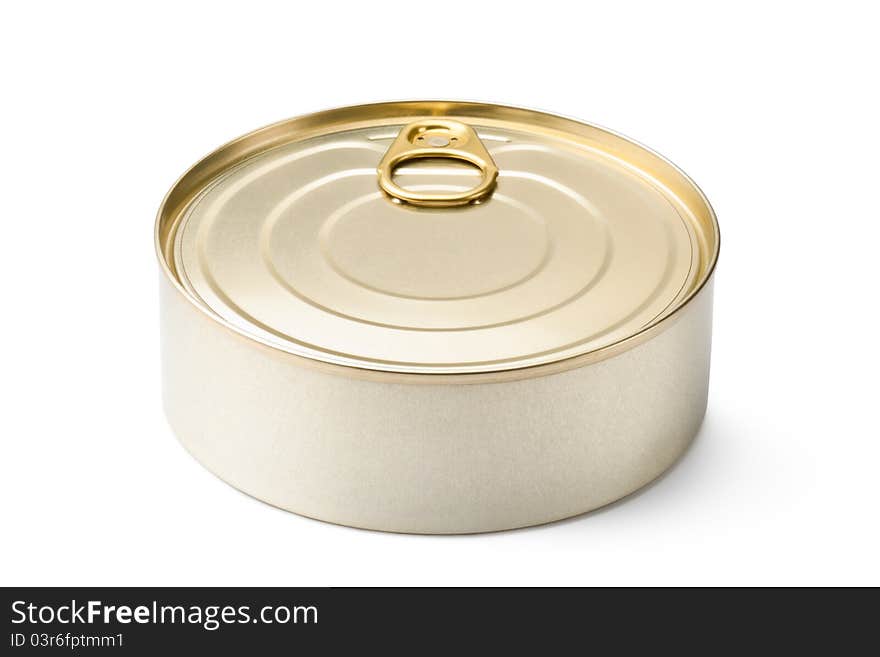 Round can with key. Placed on white background.