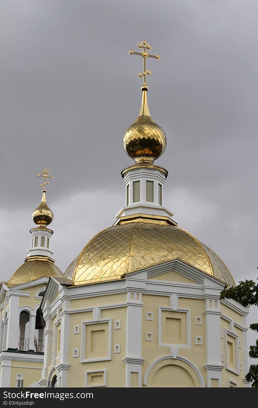 Church with golden domes closeup