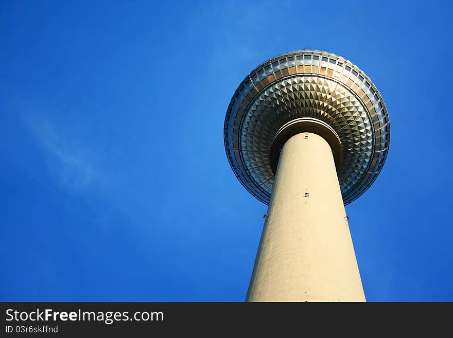 Television Tower or Fernsehturm in Berlin and clear blue sky. Television Tower or Fernsehturm in Berlin and clear blue sky