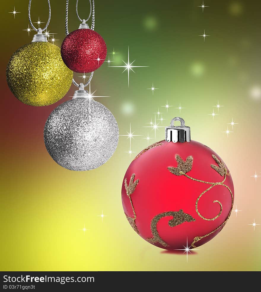 Colorful red green and silver christmas baubles balls with colorful background. Colorful red green and silver christmas baubles balls with colorful background