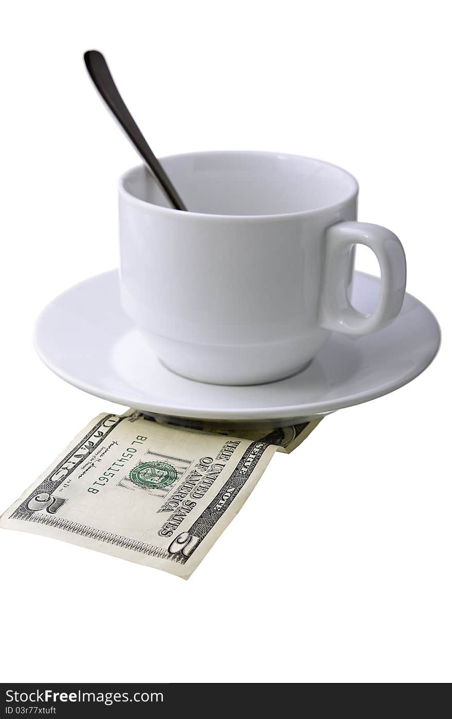 Coffee cup with a spoon and a monetary denomination