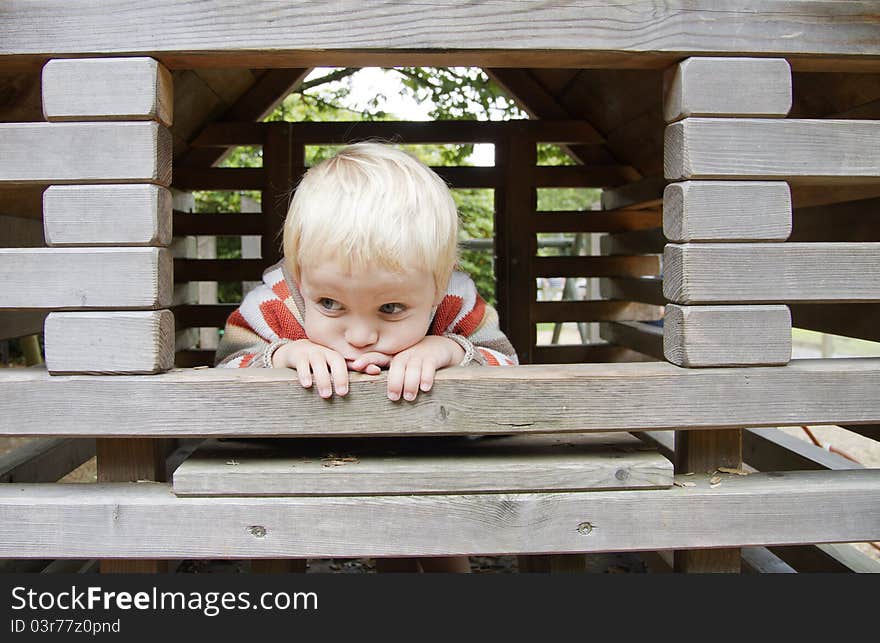 Cute blond boy playing in wooden climbing frame. Cute blond boy playing in wooden climbing frame