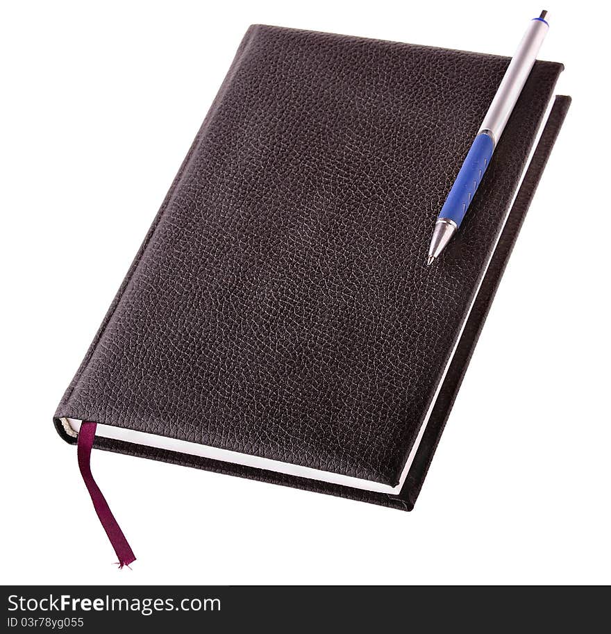 Notebook with a black cover and a pen isolated on a white background. Notebook with a black cover and a pen isolated on a white background