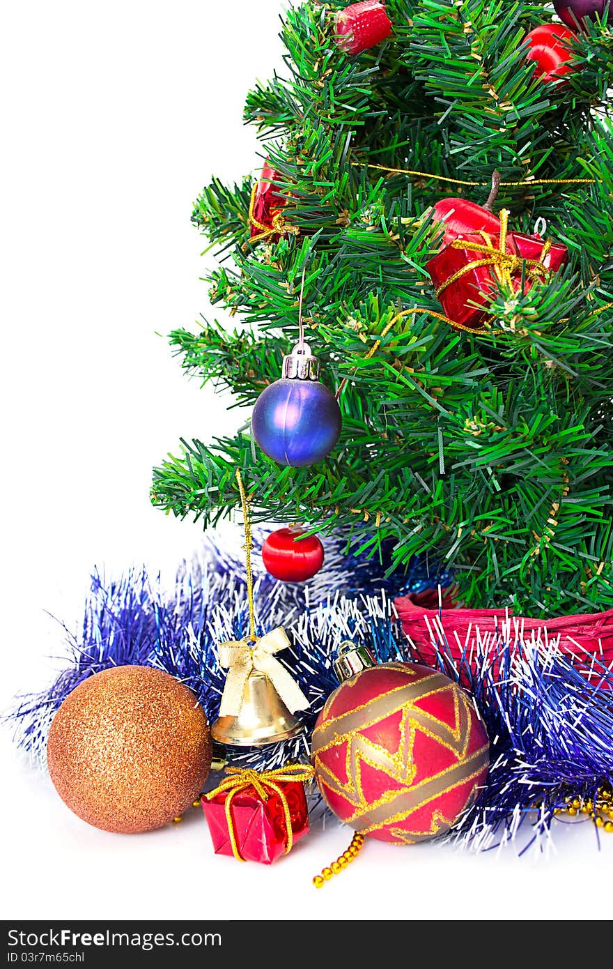 Colorful Christmas Decorations on a Tree Isolated on a White Background