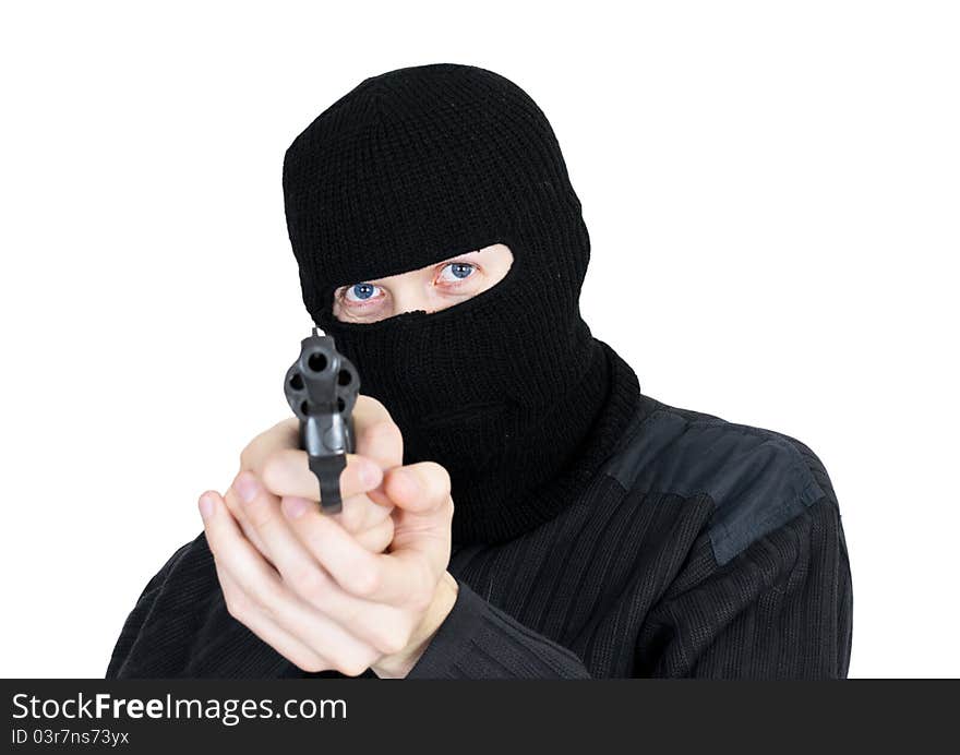 Man in a mask with a gun on a white