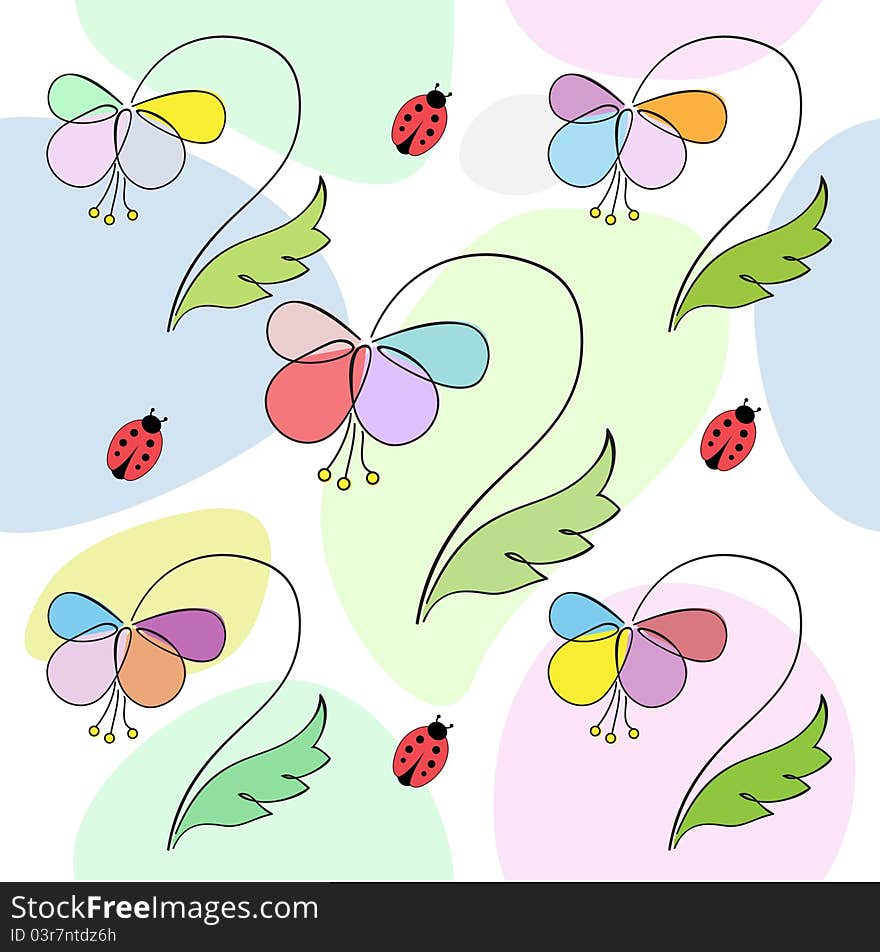 Floral background with ladybird, seamless