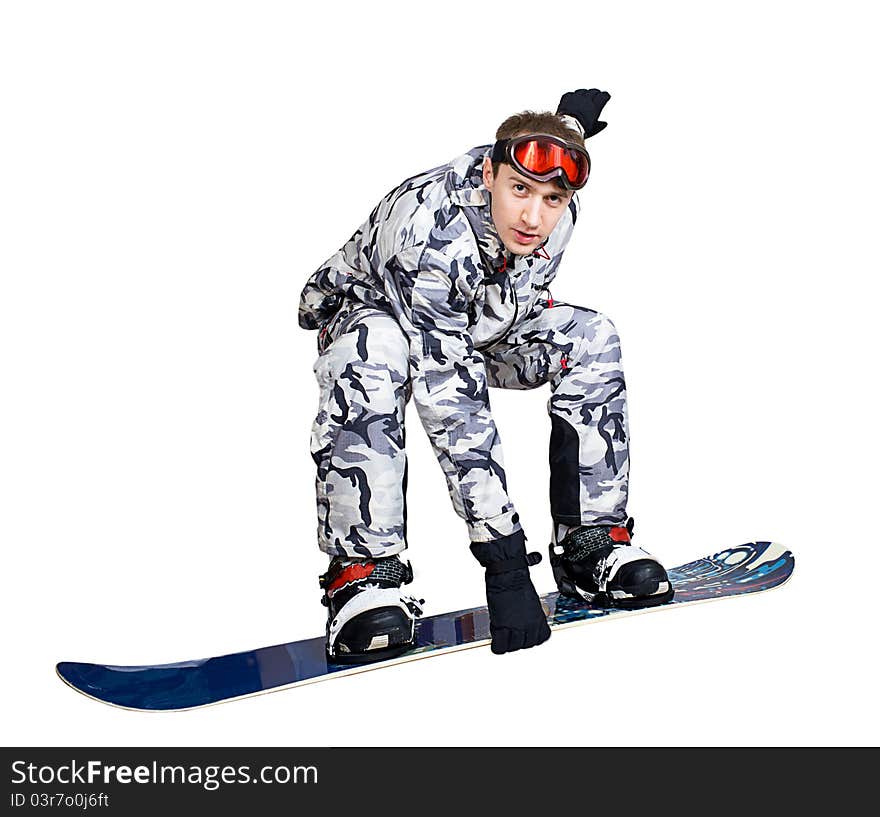 Portrait of boy in sportswear with snowboard