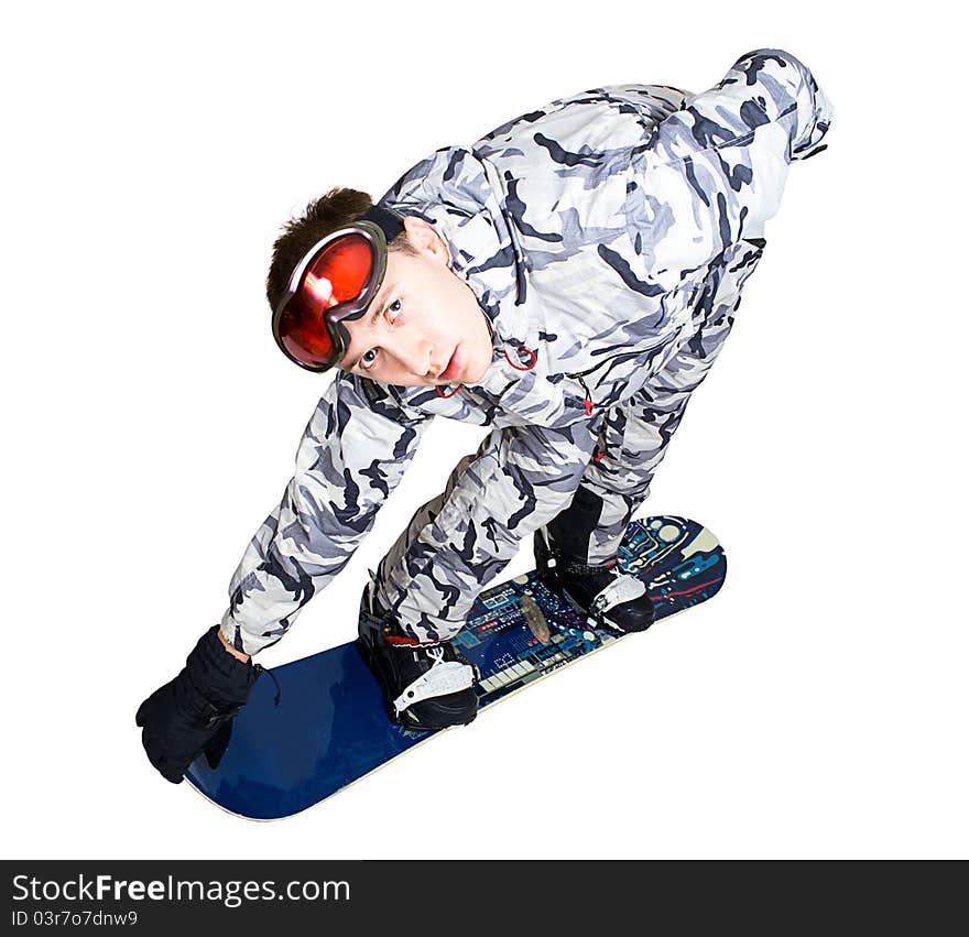 Portrait of boy in sportswear with snowboard