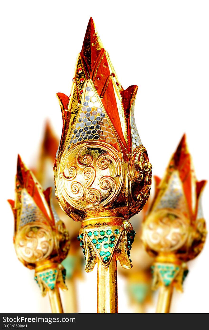 Wood carved lotus. Decorated with Sheets of gold leaf. Different colors and glass.