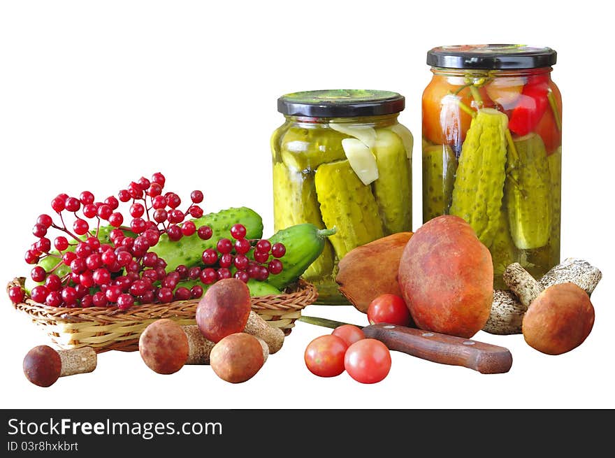 Vegetables, mushrooms, berries, spices for preservation on the white isolated background