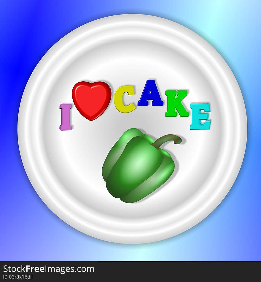 A text I love cake spelled on a same plate with a capsicum