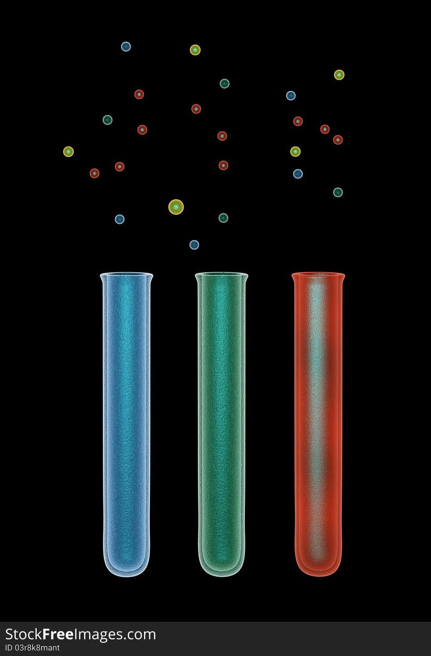 Green, blue and red test tubes on black background