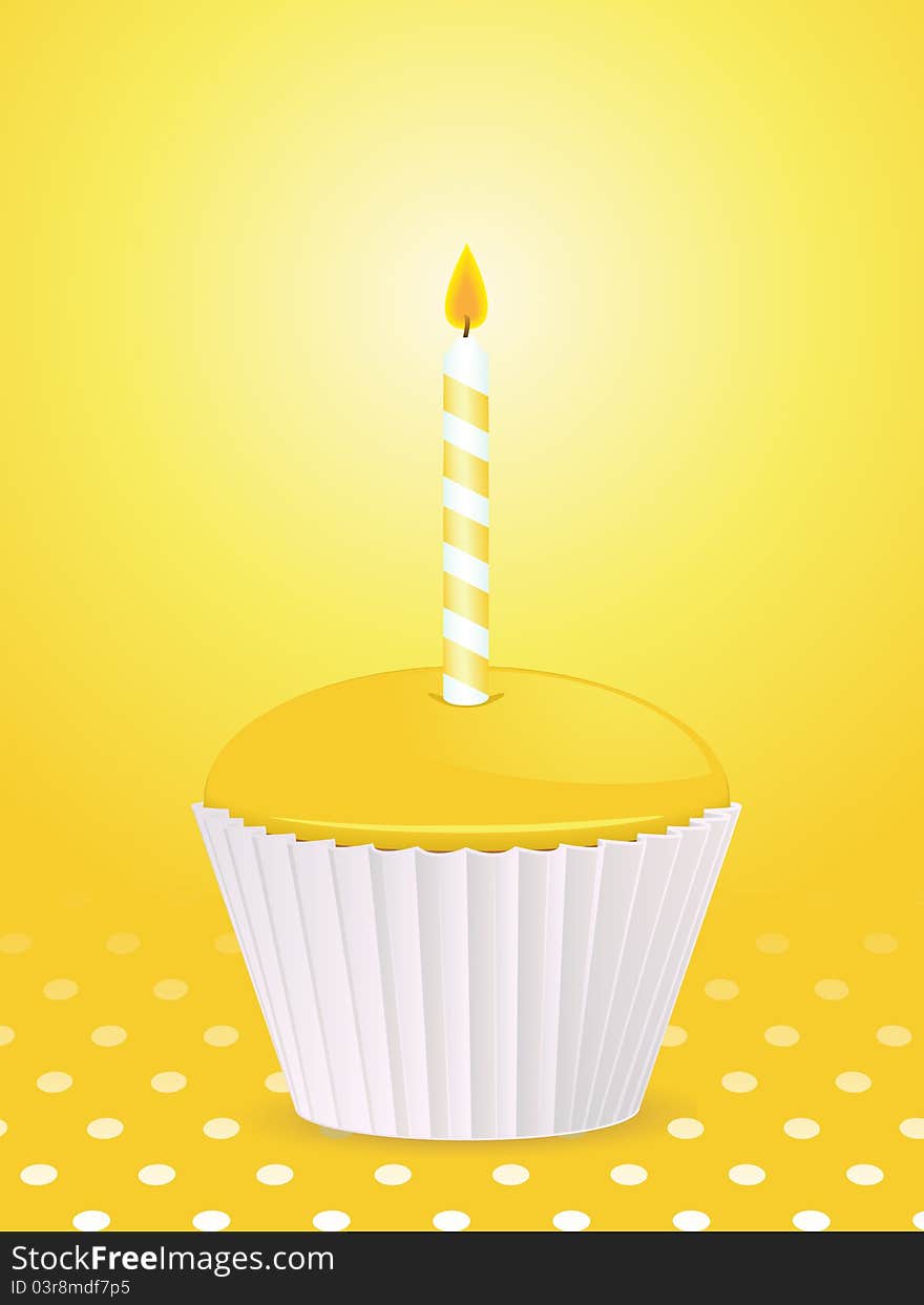 Yellow cupcake with single burning candle on a yellow polka dot background. Yellow cupcake with single burning candle on a yellow polka dot background