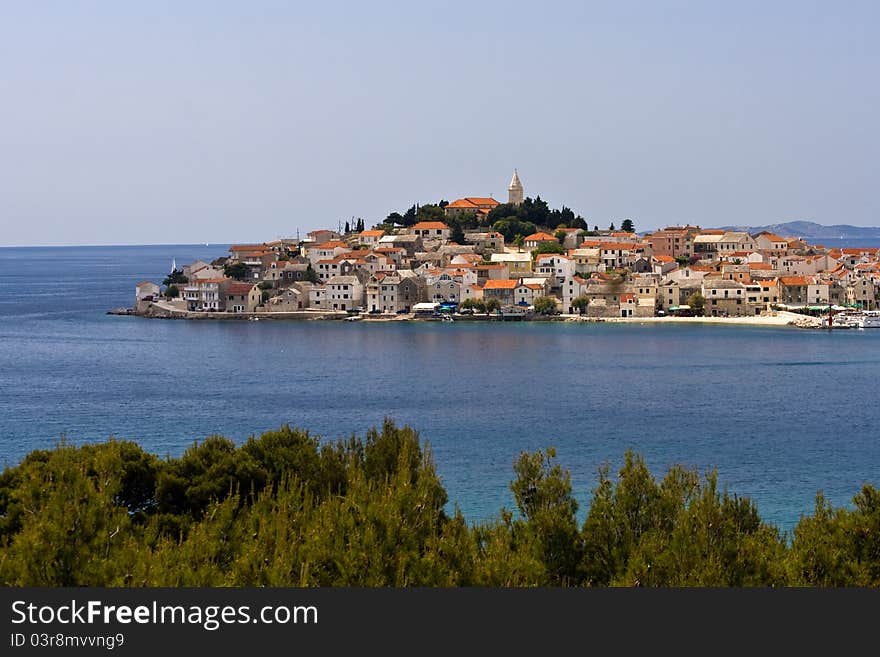 Panorama of Primosten landscape with the peninsula and the blue sea. Panorama of Primosten landscape with the peninsula and the blue sea