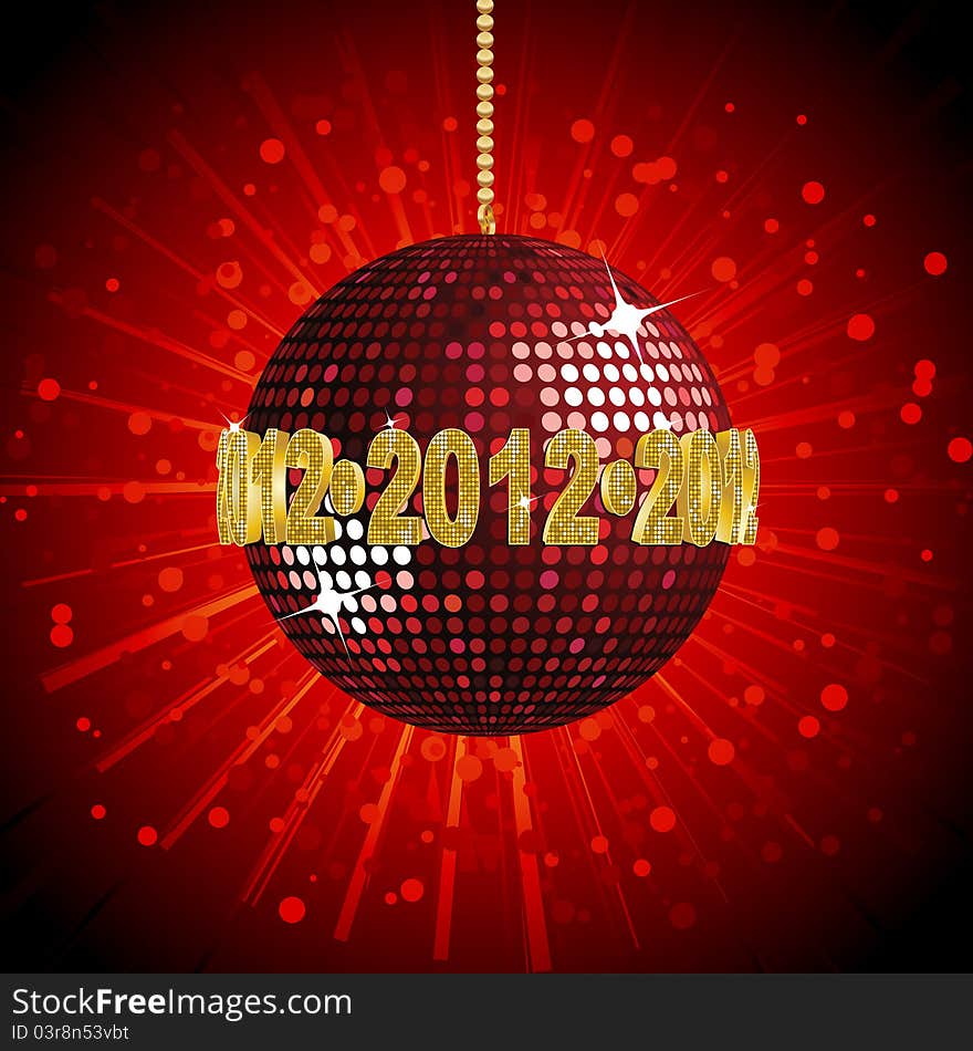 Sparkling red disco ball with 2012 wrapped around the centre on a bursting red background. Sparkling red disco ball with 2012 wrapped around the centre on a bursting red background