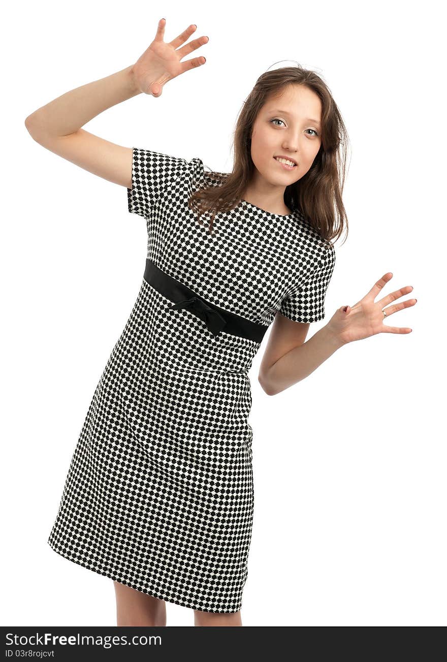 Young caucasian woman with hands up, isolated on white background