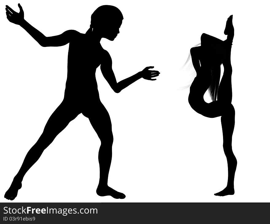 Digitally created 3D image of dancing girl and boy, separated over white. Digitally created 3D image of dancing girl and boy, separated over white.