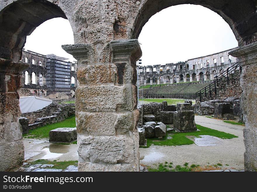 The inside of the ruins of the coloseum in Pula, Croatia