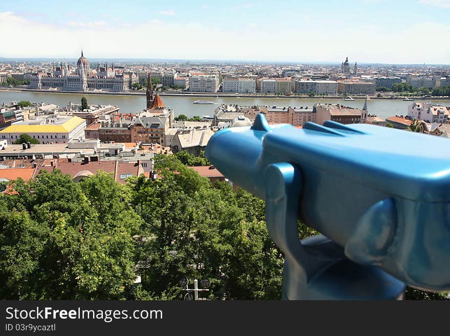 The parliament building with binoculars in Budapest, Hungary