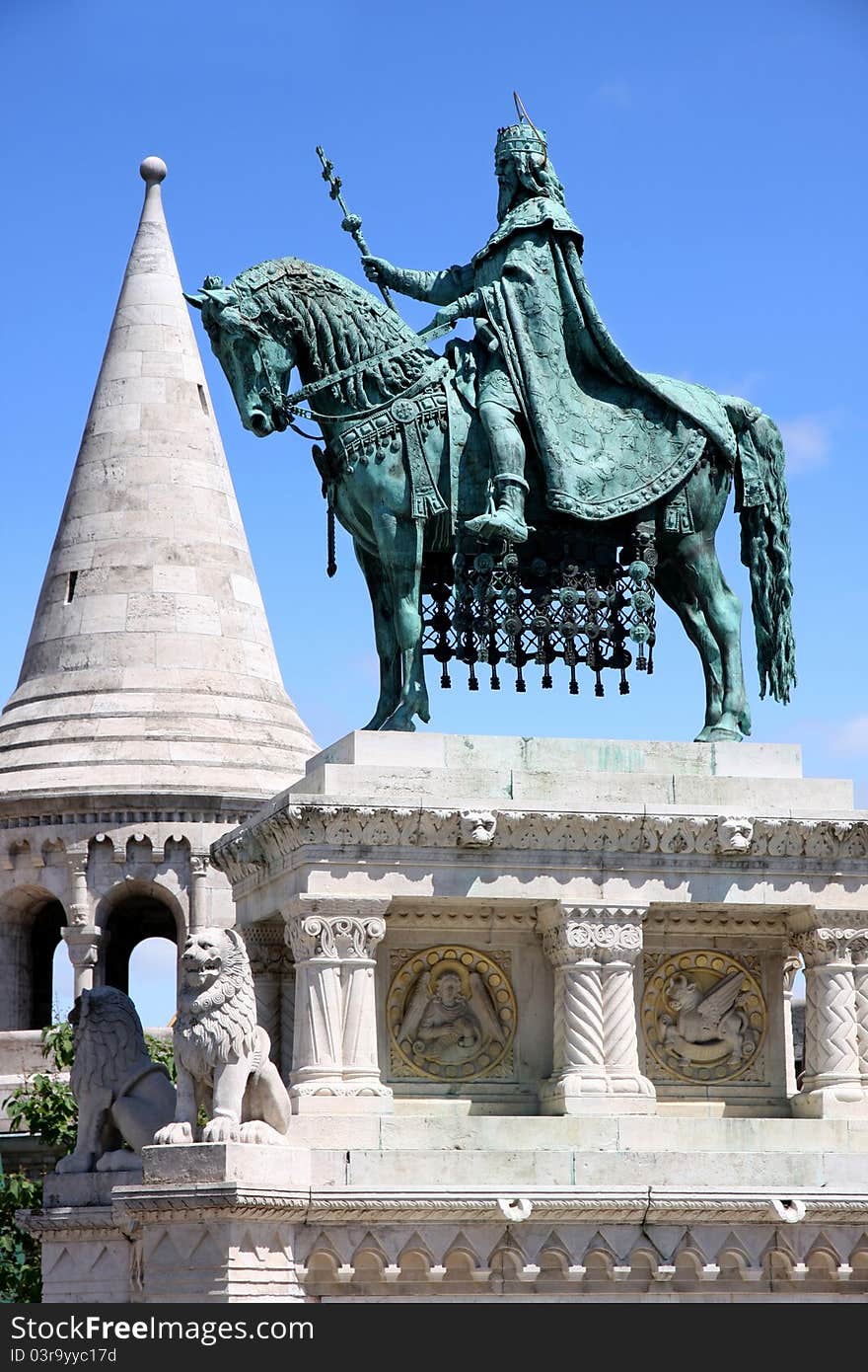 Saint Istvan statue and fisherman's bastion in Budapest, Hungary