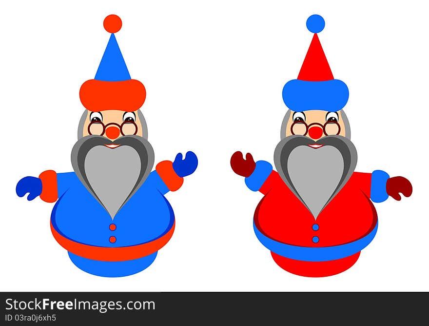 Amusing Santa Claus on a white background. Santa Claus in two variants. In red clothes and in dark blue clothes. Amusing Santa Claus on a white background. Santa Claus in two variants. In red clothes and in dark blue clothes.