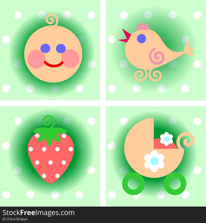 A set of icons on the topic of children on a green background. A set of icons on the topic of children on a green background